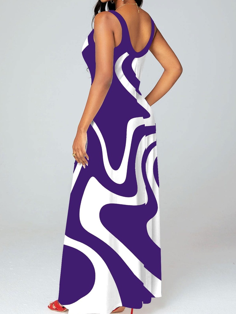 Ladies Striped Print Maxi Gown with Pockets Color Block Hanging Neckline Sleeveless Long Dress #2