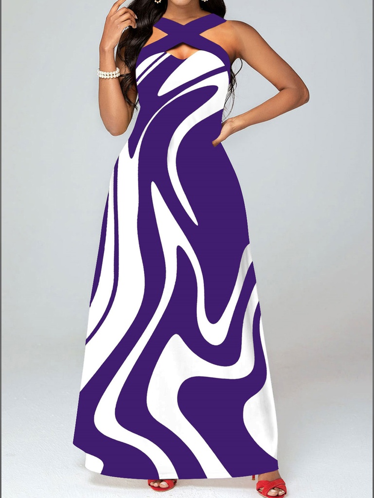 Ladies Striped Print Maxi Gown with Pockets Color Block Hanging Neckline Sleeveless Long Dress #3