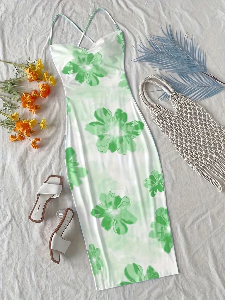 TikTok Viral 2024 Boho Dress Large Floral Maxi Surplice Neck Backless Thin Straps Beach Cover Up #2