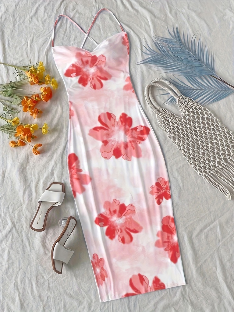 TikTok Viral 2024 Boho Dress Large Floral Maxi Surplice Neck Backless Thin Straps Beach Cover Up #3