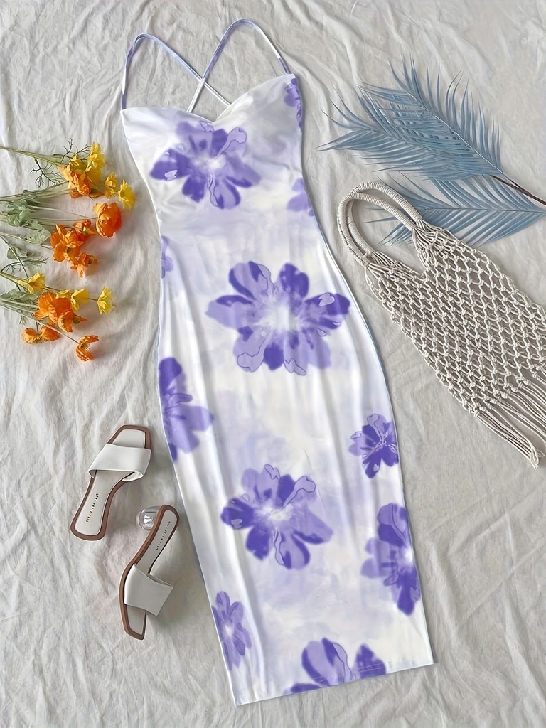TikTok Viral 2024 Boho Dress Large Floral Maxi Surplice Neck Backless Thin Straps Beach Cover Up #4