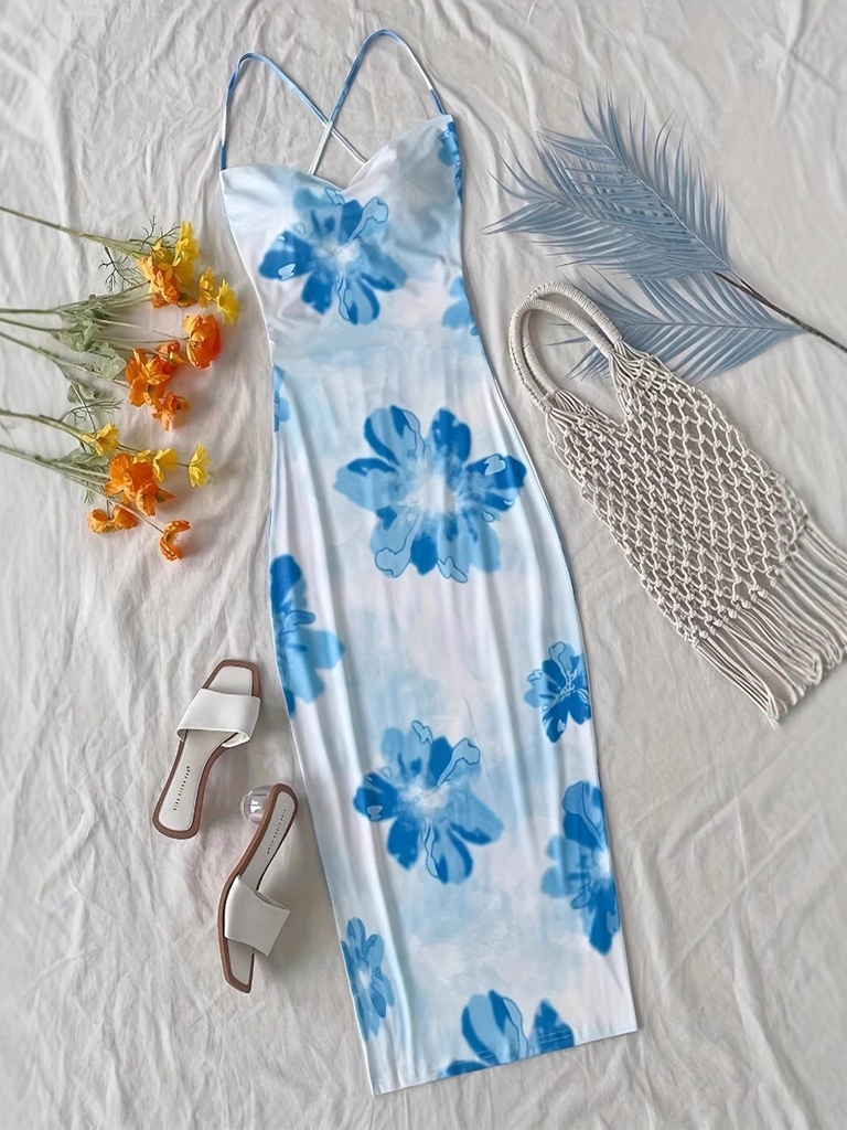 TikTok Viral 2024 Boho Dress Large Floral Maxi Surplice Neck Backless Thin Straps Beach Cover Up #6