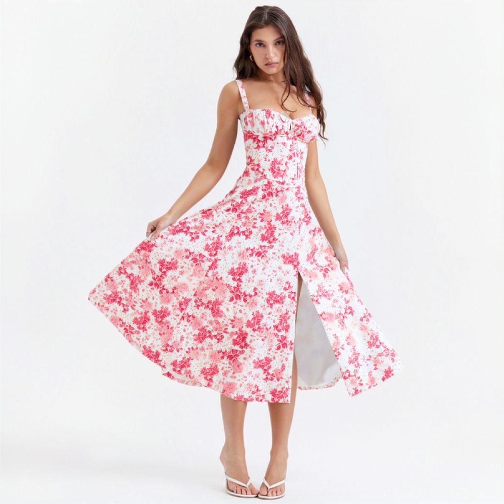 Summer Women Sling Dress Casual Slim Midi Skirt Elegant Commuter Fashion Sleeveless A Line Floral Printed Beach Outfits #3