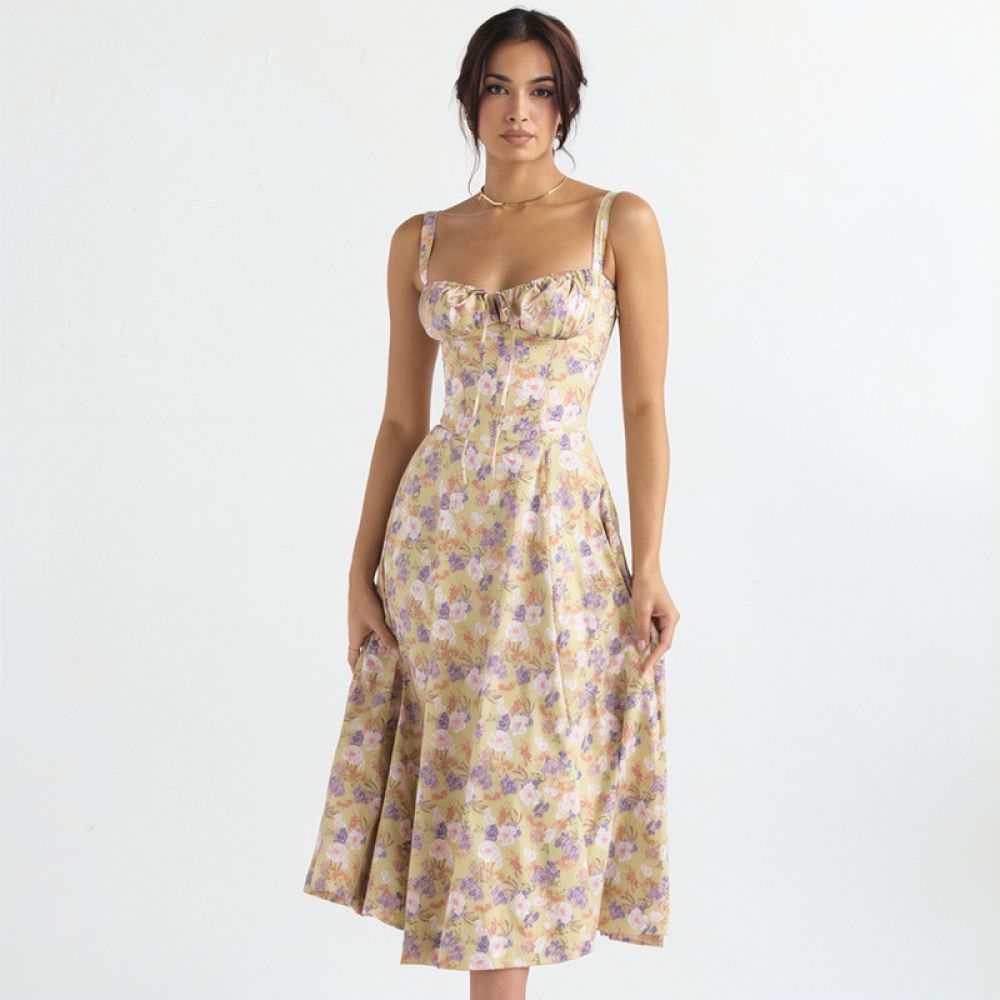 Summer Women Sling Dress Casual Slim Midi Skirt Elegant Commuter Fashion Sleeveless A Line Floral Printed Beach Outfits #5
