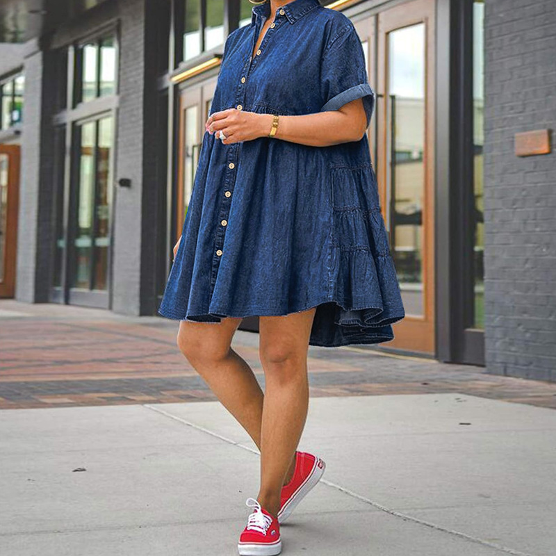 Spring/summer Plus-size Denim Dress. New Girly Style Loose and Comfortable Casual Lapel Denim Short Sleeve Elastic Shaggy Dress #2