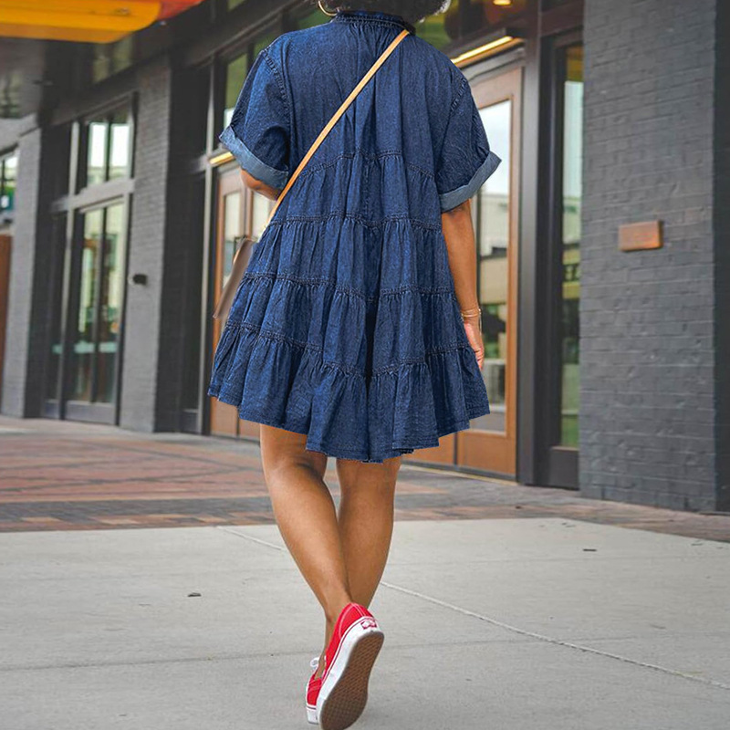 Spring/summer Plus-size Denim Dress. New Girly Style Loose and Comfortable Casual Lapel Denim Short Sleeve Elastic Shaggy Dress #3