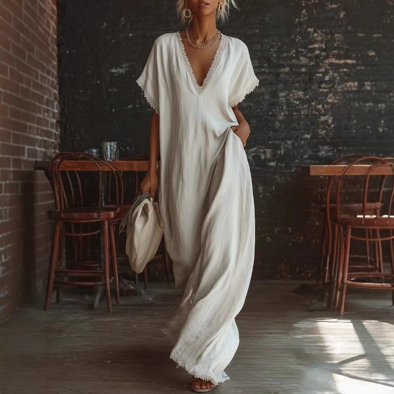European Spring Summer Lace Trim Loose Cotton Linen Maxi Dress Elegant Casual Breathable Long Dress #3