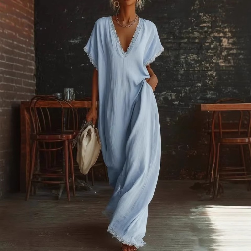 European Spring Summer Lace Trim Loose Cotton Linen Maxi Dress Elegant Casual Breathable Long Dress #4