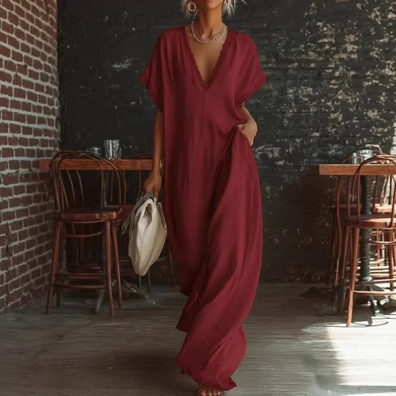 European Spring Summer Lace Trim Loose Cotton Linen Maxi Dress Elegant Casual Breathable Long Dress #5