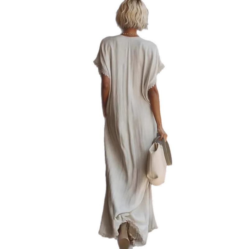 European Spring Summer Lace Trim Loose Cotton Linen Maxi Dress Elegant Casual Breathable Long Dress #6