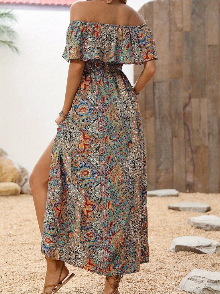 Women's Elegant Off-Shoulder Maxi Dress with Paisley Print – Perfect for Summer Vacations and Parties #2