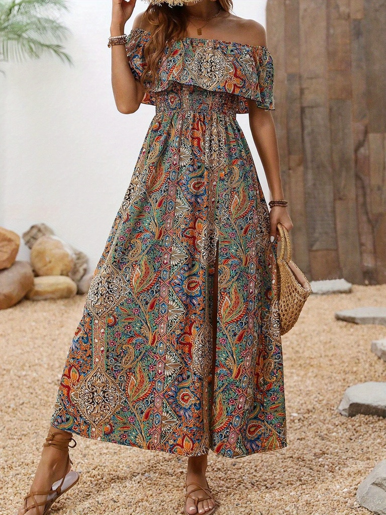Women's Elegant Off-Shoulder Maxi Dress with Paisley Print – Perfect for Summer Vacations and Parties #3