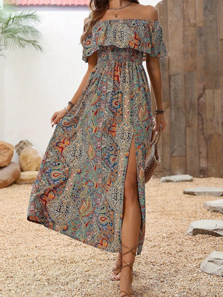Women's Elegant Off-Shoulder Maxi Dress with Paisley Print – Perfect for Summer Vacations and Parties #4