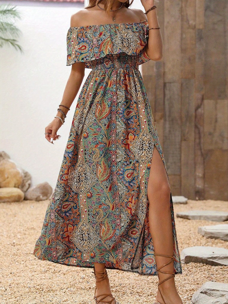 Women's Elegant Off-Shoulder Maxi Dress with Paisley Print – Perfect for Summer Vacations and Parties #5