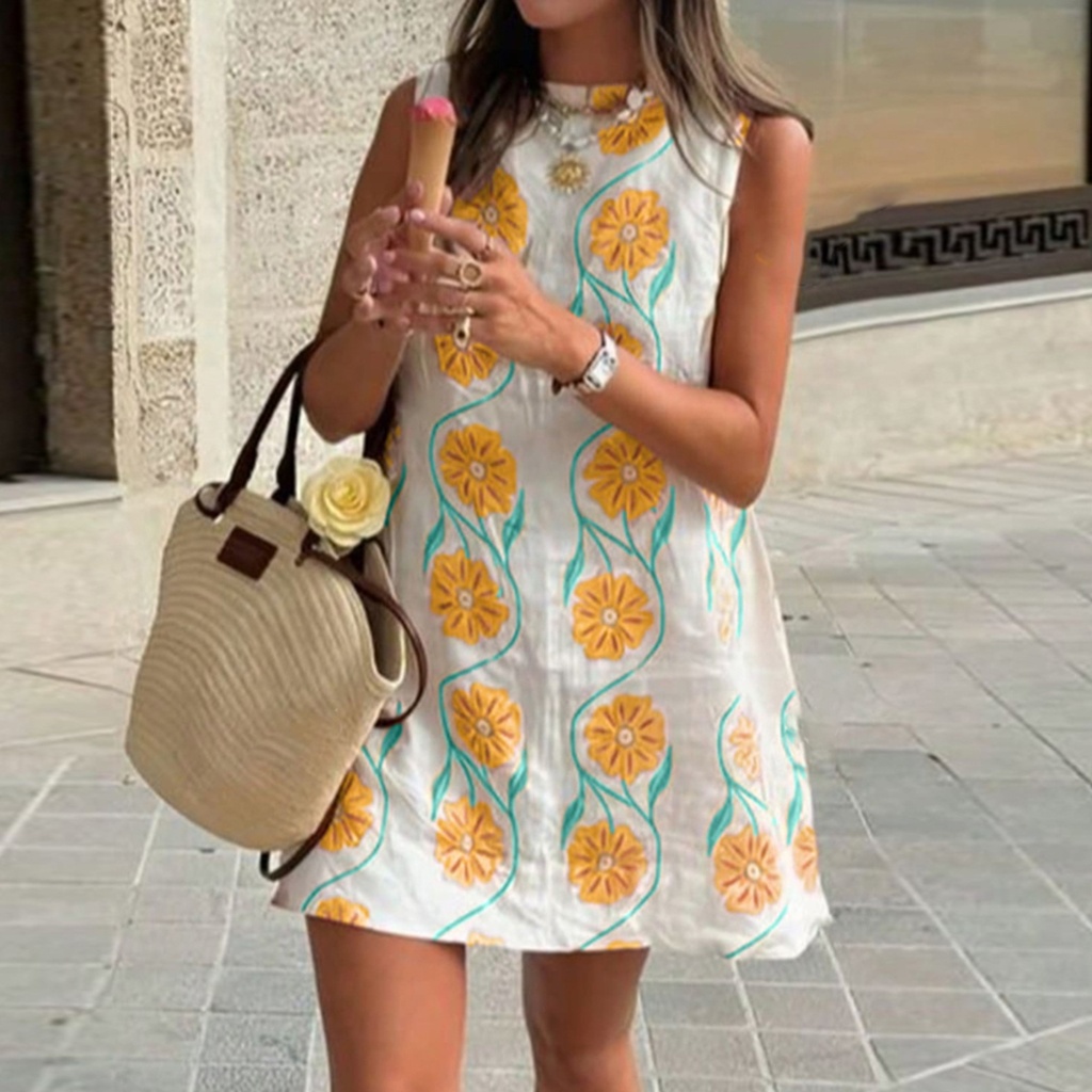 Women Summer Sleeveless Floral A-Line Mini Dress Loose Casual Vacation Dress #3