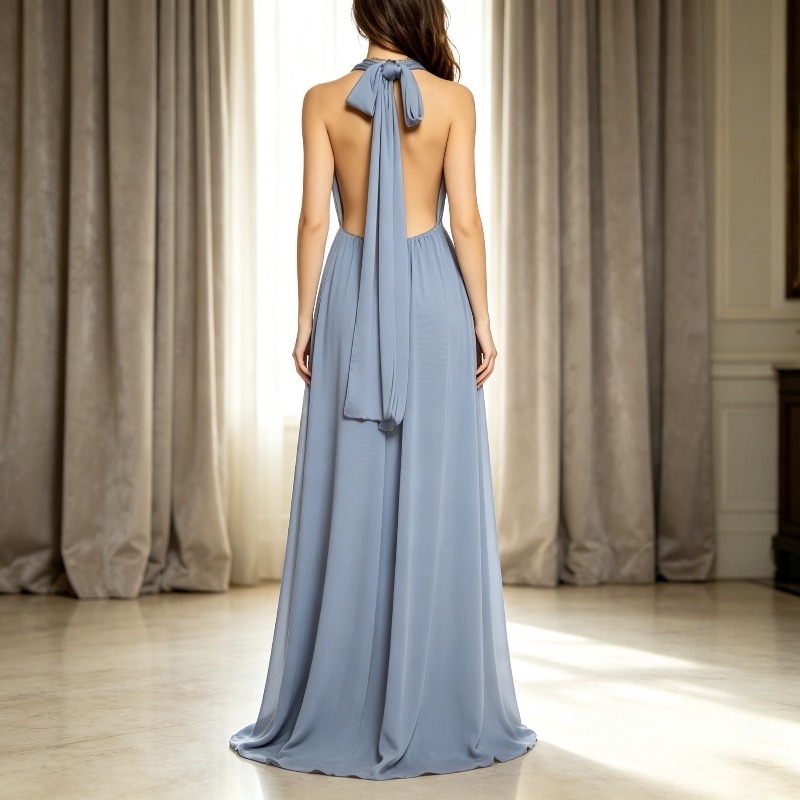 French Retro Backless Dress with Adjustable Tie Design Swinging Long Skirt Female Bridesmaids Banquet and Date Styling Clothing #5
