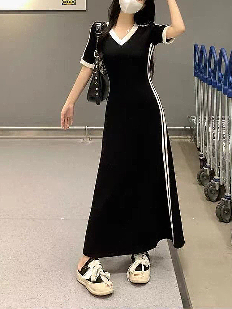 Women Autumn Midi Dress Fashion Patchwork V-Neck Short Sleeve Black Long Skirt High Waist A-Line Dress Sports Ankle-length Dress #3