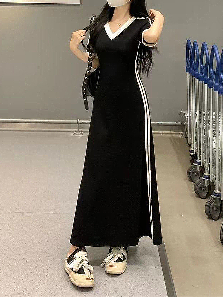 Women Autumn Midi Dress Fashion Patchwork V-Neck Short Sleeve Black Long Skirt High Waist A-Line Dress Sports Ankle-length Dress #4