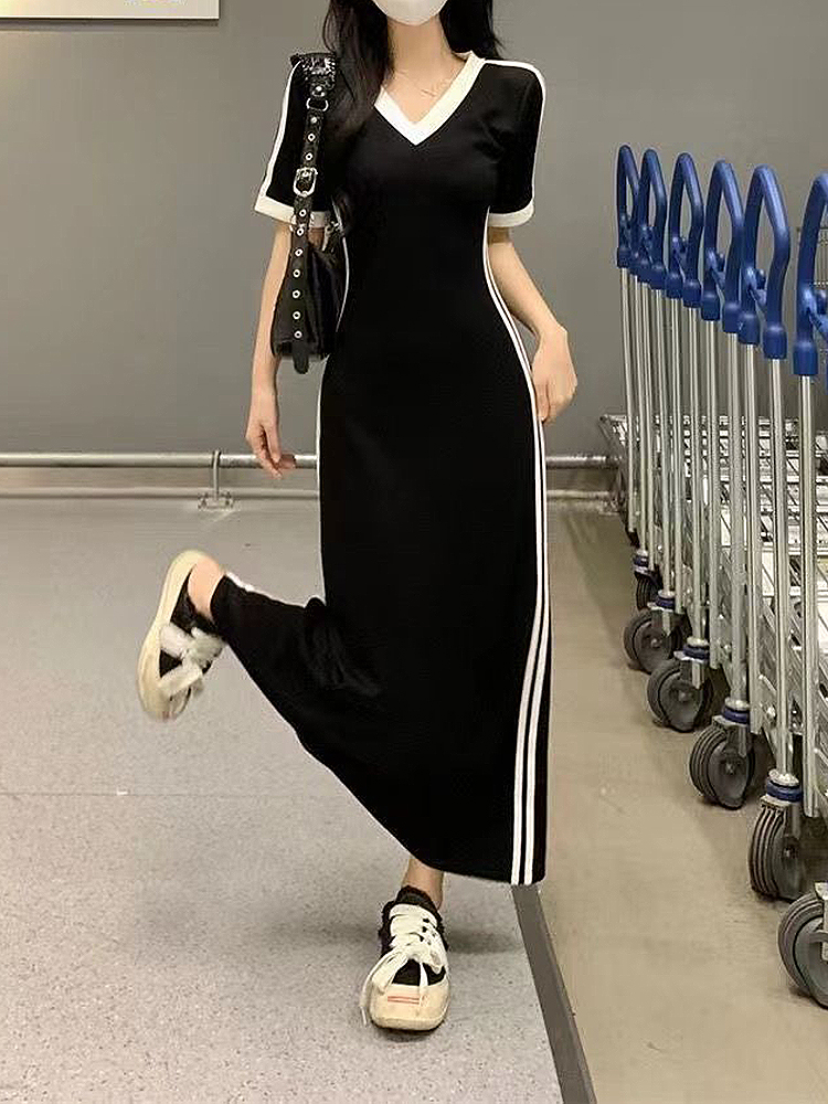 Women Autumn Midi Dress Fashion Patchwork V-Neck Short Sleeve Black Long Skirt High Waist A-Line Dress Sports Ankle-length Dress #6