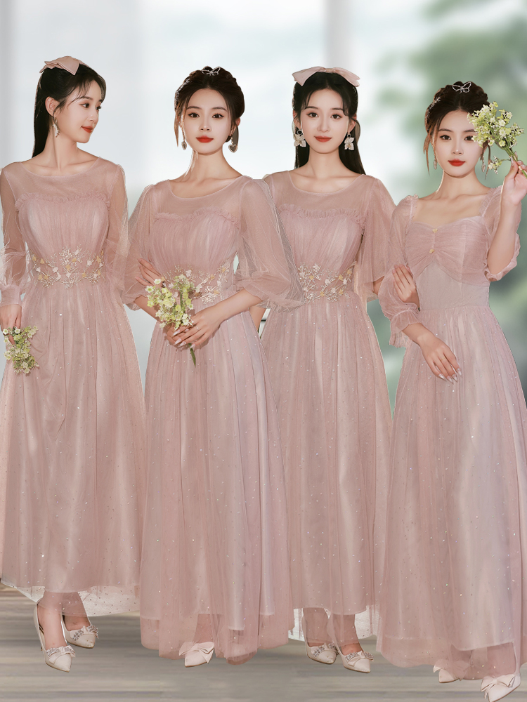 Bridesmaid Long Sleeve Evening Gown Sparkling Pink Sister Dress Elegant High Waist A-Line Skirt Suitable for Daily Wear Spring #2