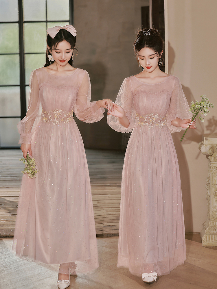 Bridesmaid Long Sleeve Evening Gown Sparkling Pink Sister Dress Elegant High Waist A-Line Skirt Suitable for Daily Wear Spring #3