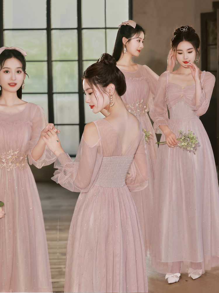 Bridesmaid Long Sleeve Evening Gown Sparkling Pink Sister Dress Elegant High Waist A-Line Skirt Suitable for Daily Wear Spring #4