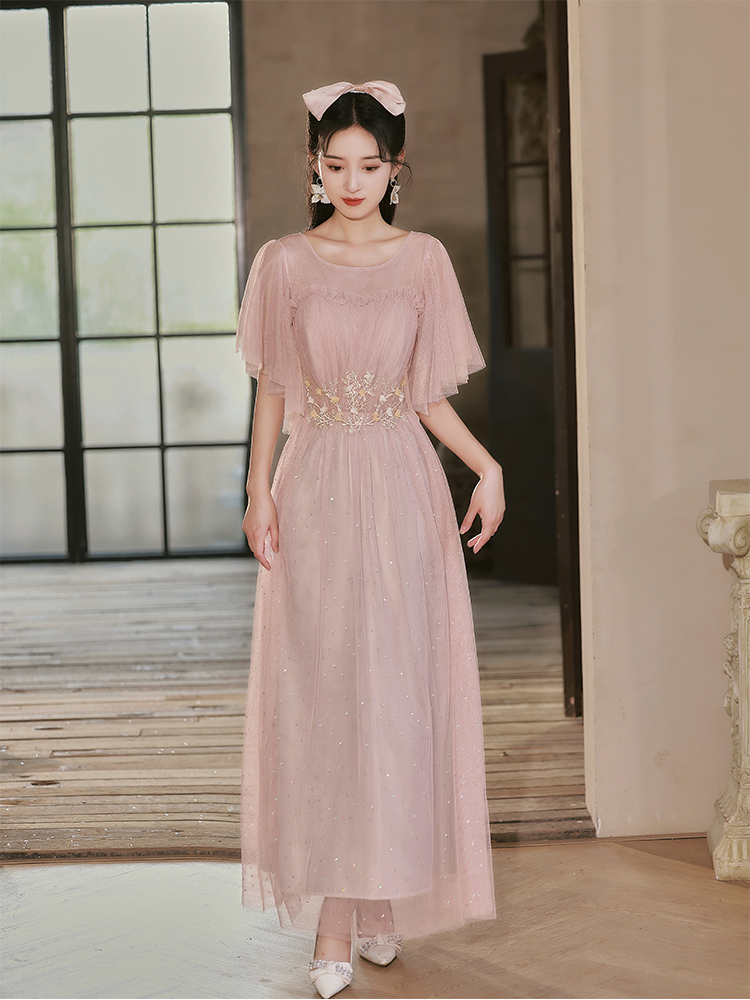 Bridesmaid Long Sleeve Evening Gown Sparkling Pink Sister Dress Elegant High Waist A-Line Skirt Suitable for Daily Wear Spring #5
