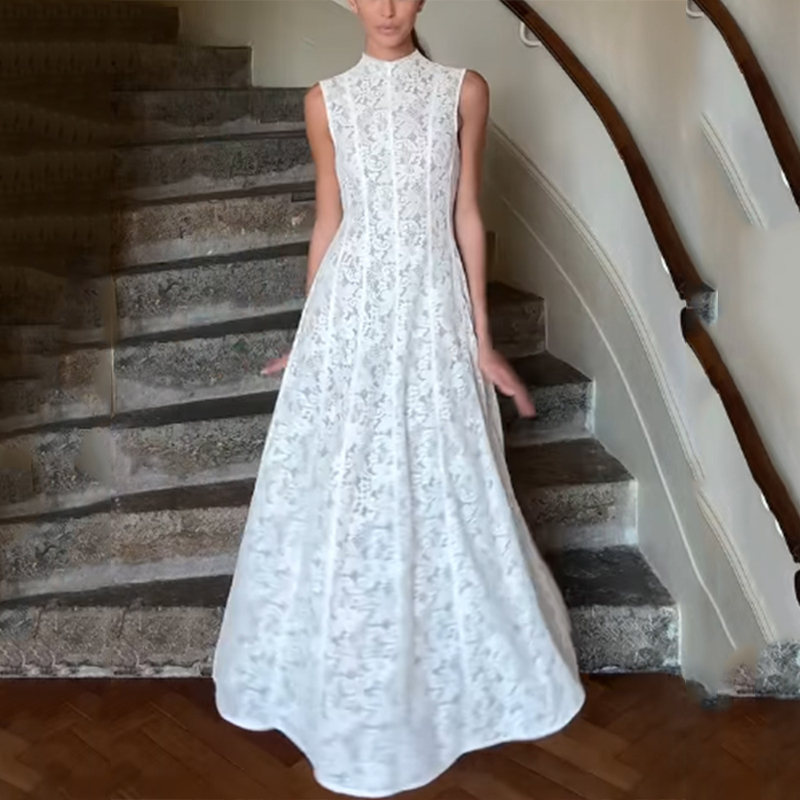 Elegant Long Lace Sleeveless Dress Fashionable Summer New Women's High Waist Gown Chinese Manufacturer round Neckline Daily Wear #2