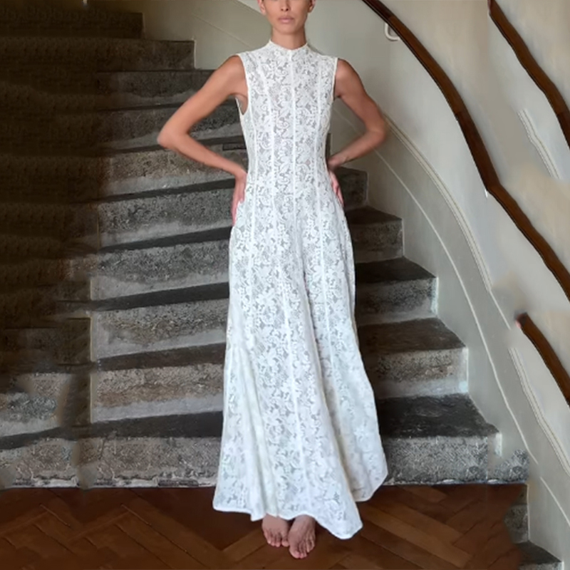 Elegant Long Lace Sleeveless Dress Fashionable Summer New Women's High Waist Gown Chinese Manufacturer round Neckline Daily Wear #3