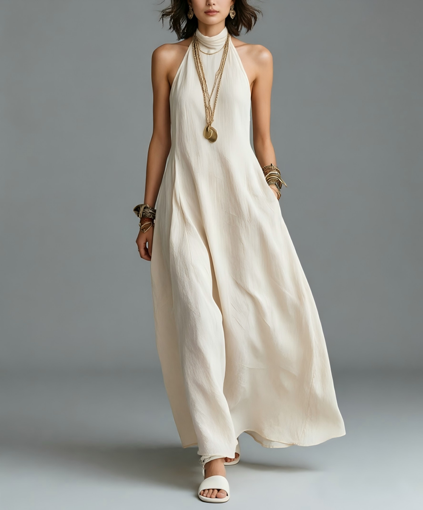 2026 Summer New Bohemian Off-shoulder Loose Maxi Dress For Women, Elegant Flowy Halter Neck Long Dress #2