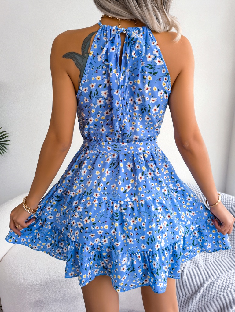 Vacation Sleeveless Floral Print Belted Beach Dress For Summer,Women's Clothing #4