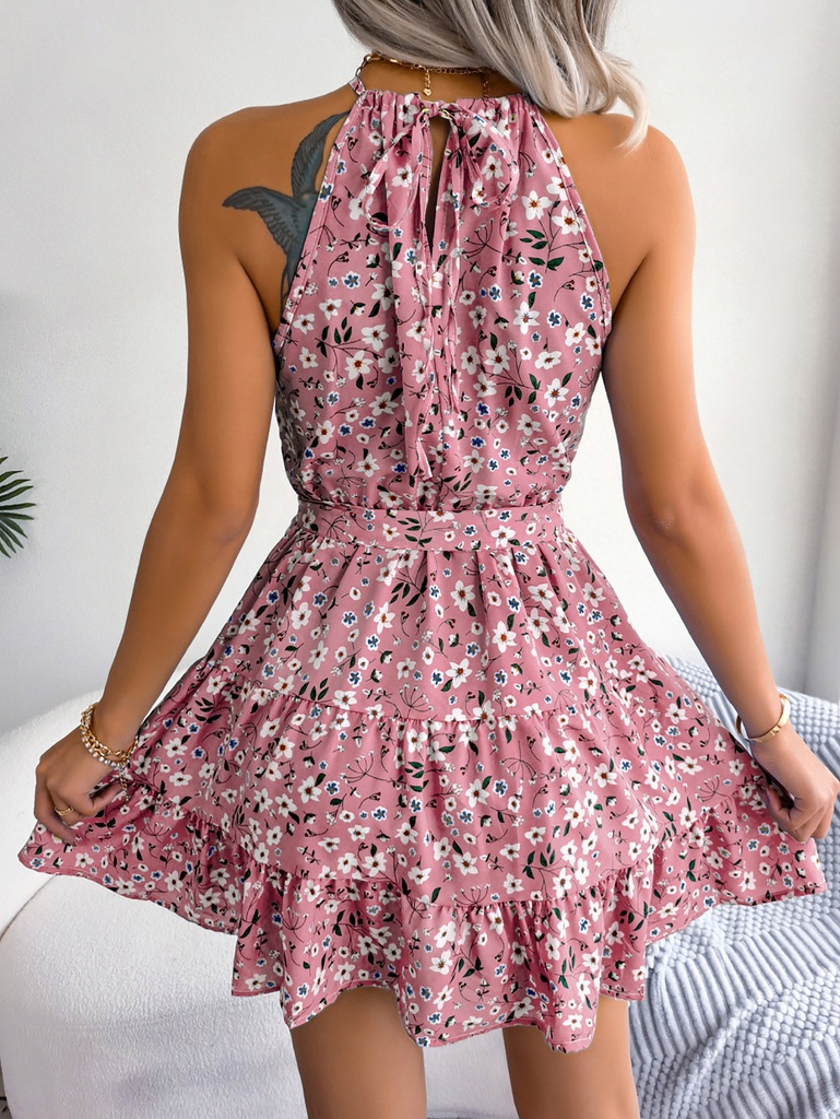 Vacation Sleeveless Floral Print Belted Beach Dress For Summer,Women's Clothing #6