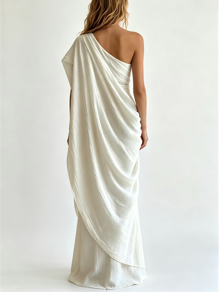 Women One Shoulder Draped Maxi Dress With Waist Belt Elegant Solid White Flowy Long Gown #2