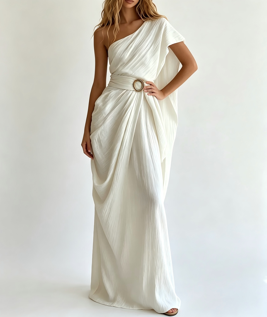 Women One Shoulder Draped Maxi Dress With Waist Belt Elegant Solid White Flowy Long Gown #3