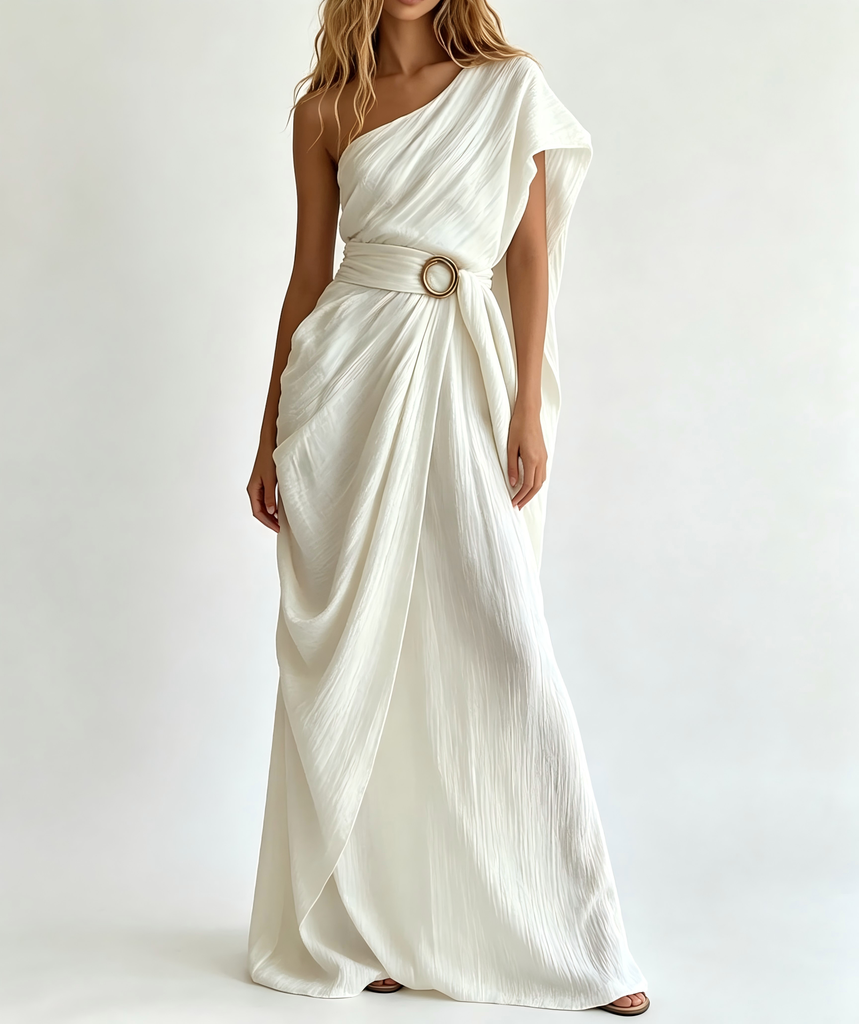 Women One Shoulder Draped Maxi Dress With Waist Belt Elegant Solid White Flowy Long Gown #4