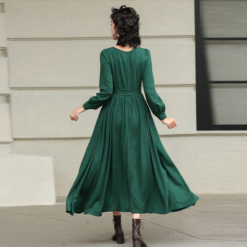 Green Linen Maxi Dress - Casual Country Style A-Line, Versatile Slim-Fit & Flattering #2