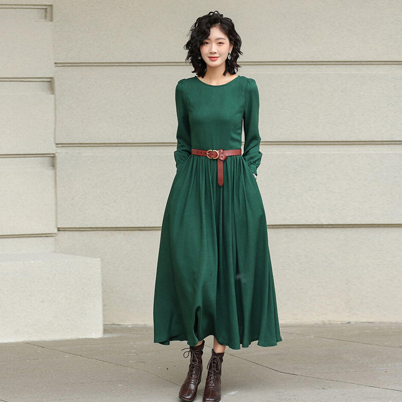 Green Linen Maxi Dress - Casual Country Style A-Line, Versatile Slim-Fit & Flattering #3