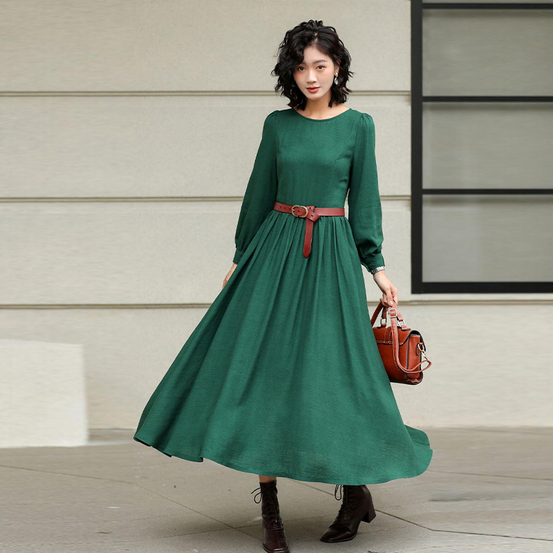 Green Linen Maxi Dress - Casual Country Style A-Line, Versatile Slim-Fit & Flattering #4