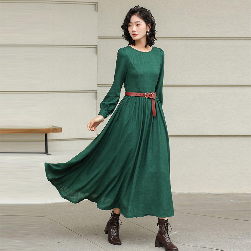 Green Linen Maxi Dress - Casual Country Style A-Line, Versatile Slim-Fit & Flattering #5