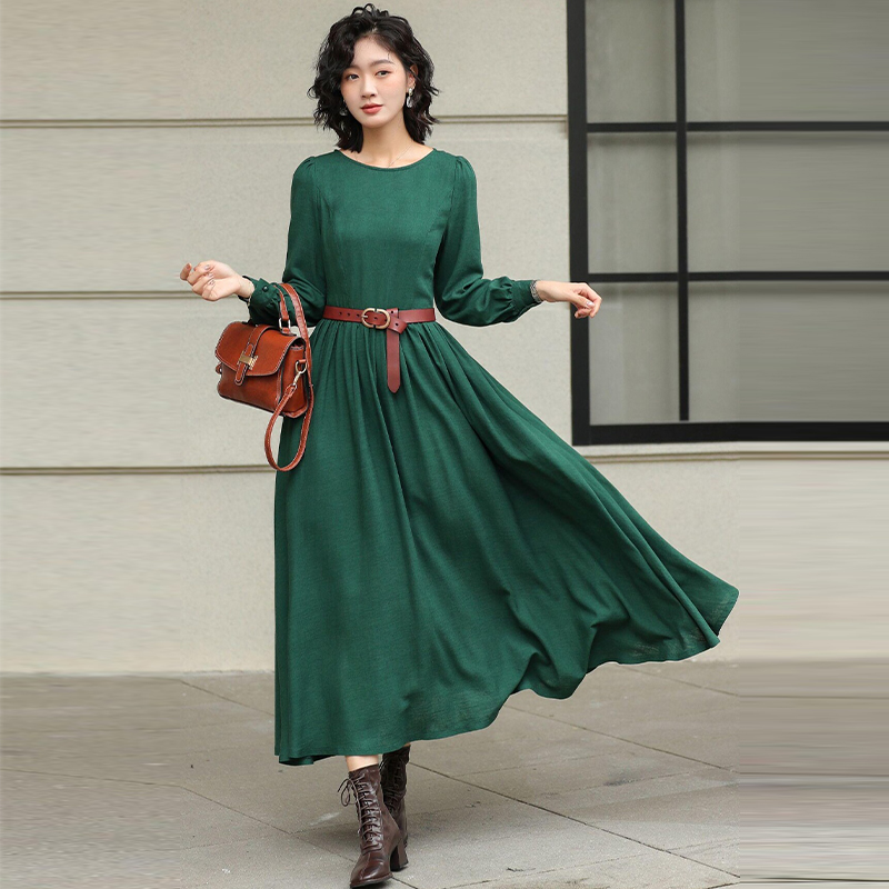 Green Linen Maxi Dress - Casual Country Style A-Line, Versatile Slim-Fit & Flattering #6