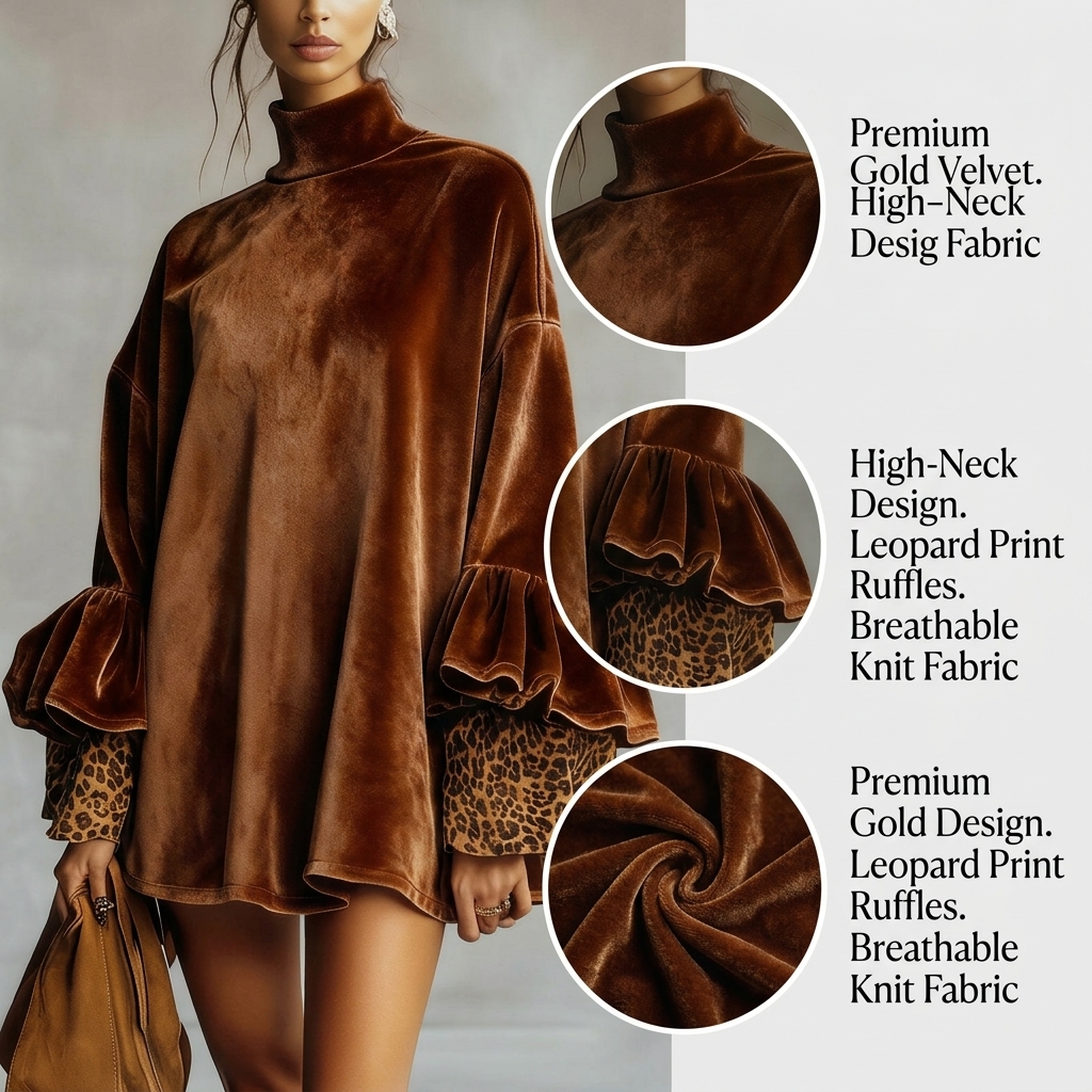 Velvet Dress 8102 Women High Neck Leopard Print Patchwork Ruffle Sleeve Loose Mini Dress #3