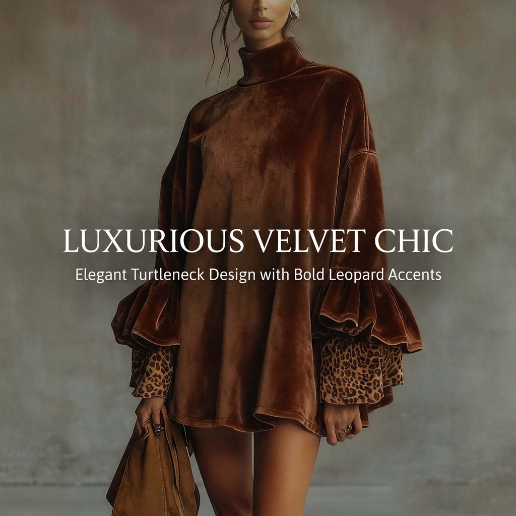 Velvet Dress 8102 Women High Neck Leopard Print Patchwork Ruffle Sleeve Loose Mini Dress #4