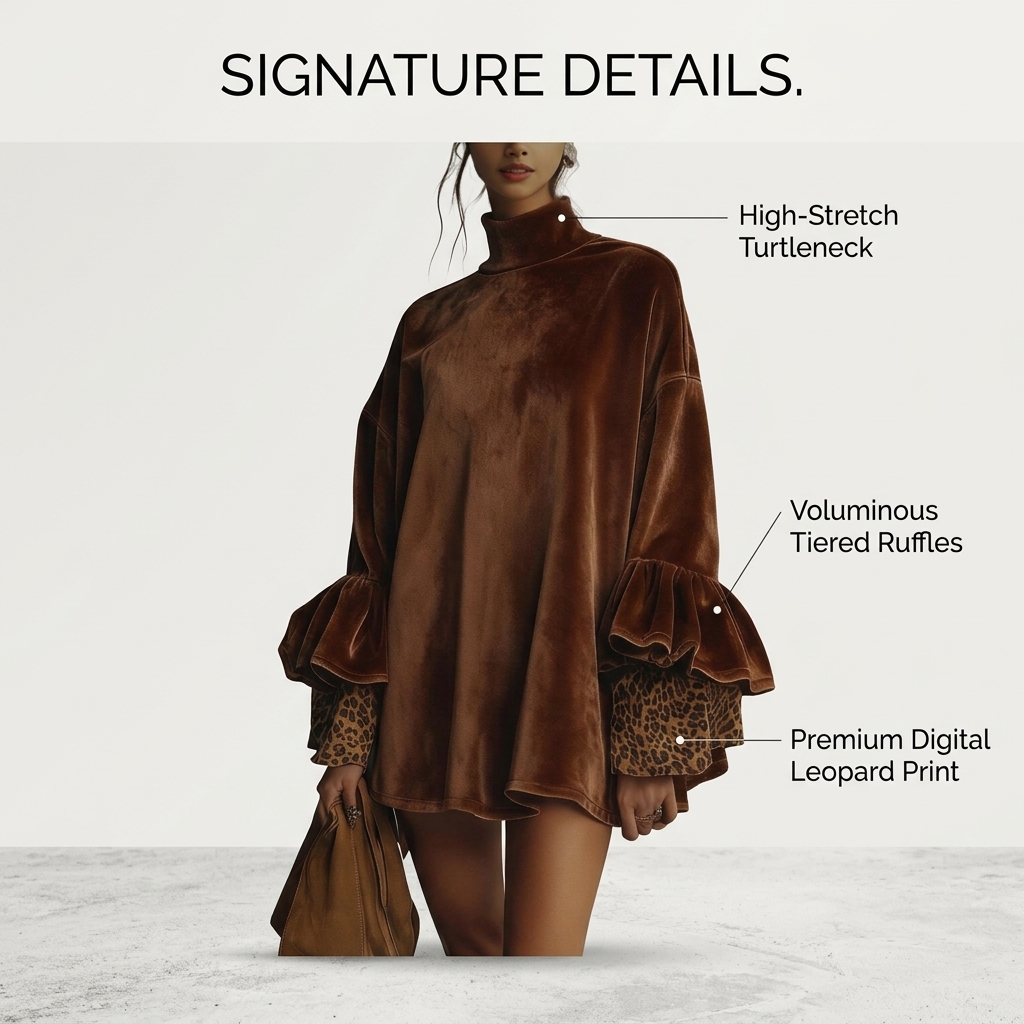 Velvet Dress 8102 Women High Neck Leopard Print Patchwork Ruffle Sleeve Loose Mini Dress #5