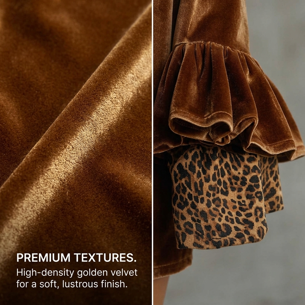 Velvet Dress 8102 Women High Neck Leopard Print Patchwork Ruffle Sleeve Loose Mini Dress #6