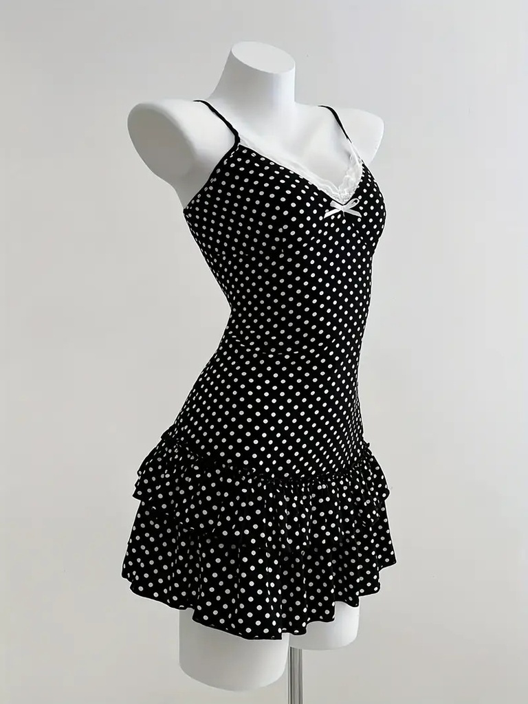 Sweet Short Skirt Fashion Polka Dot Bow Waist Ruffle Y2K Strapless Dress #5