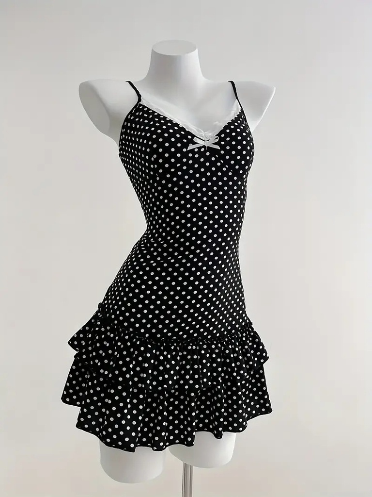 Sweet Short Skirt Fashion Polka Dot Bow Waist Ruffle Y2K Strapless Dress #6