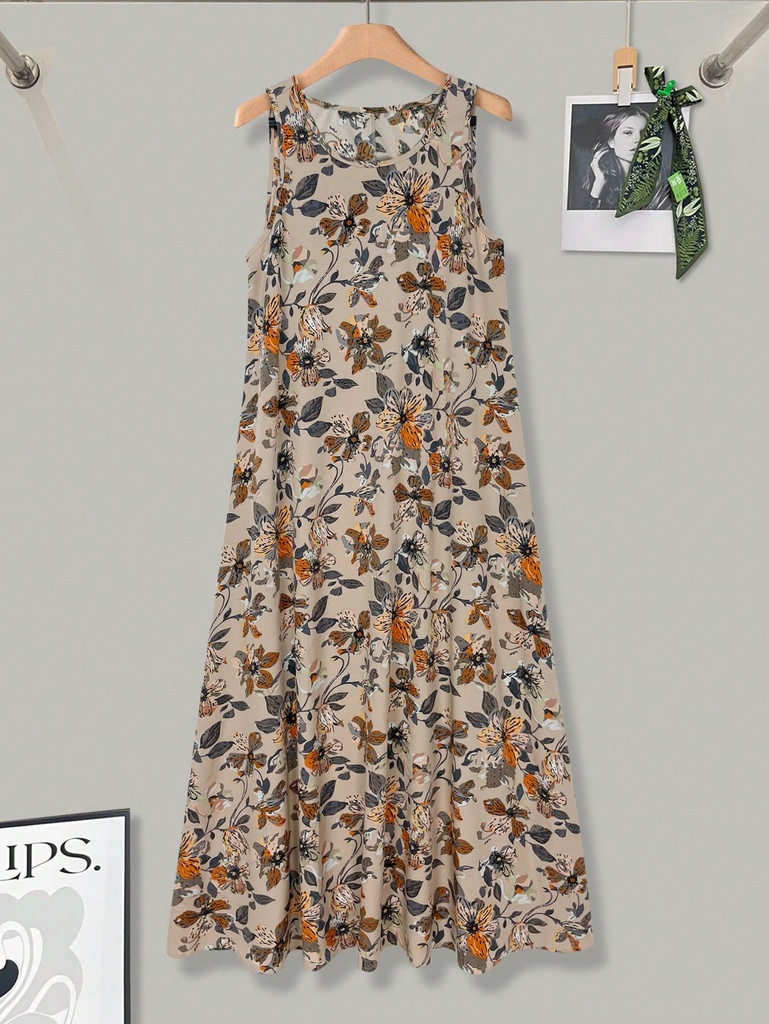 Womens Sleeveless Floral Print Maxi Dress Round Neck A Line Loose Fit Summer Casual Long Dress With Pockets #2
