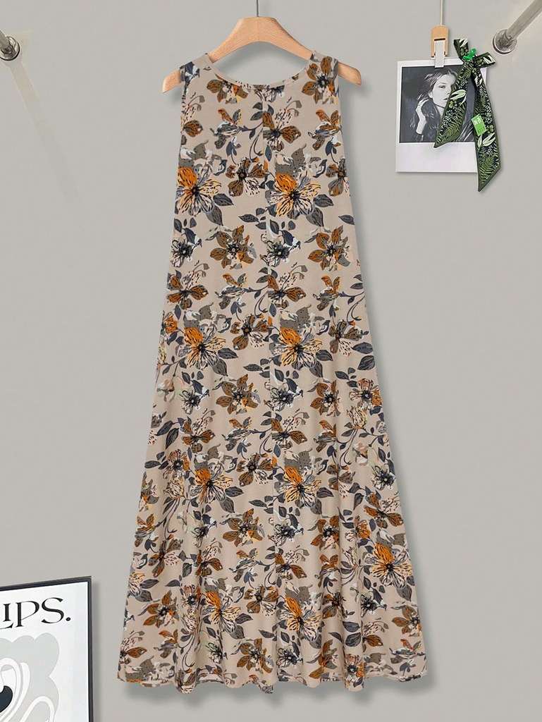 Womens Sleeveless Floral Print Maxi Dress Round Neck A Line Loose Fit Summer Casual Long Dress With Pockets #3