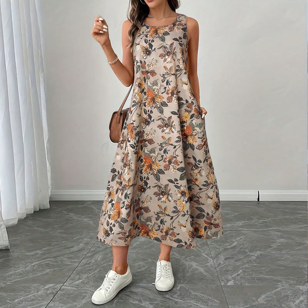 Womens Sleeveless Floral Print Maxi Dress Round Neck A Line Loose Fit Summer Casual Long Dress With Pockets #5