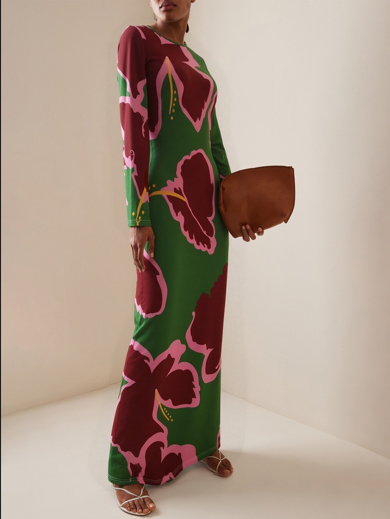 Fashion Women Bold Pink Red Flower Printed Tight Long Dress Round Neck Full Sleeve Side Split Fitted Maxi Dress For Evening Gown #2